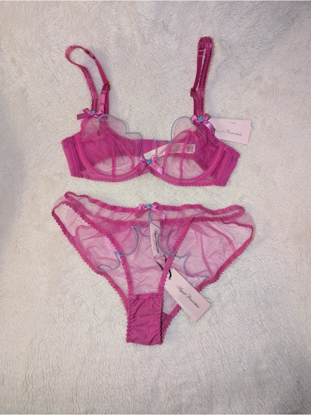 Agent Provocateur Hot Pink Sheer Lace Underwire Bra & Brief Set 32B/3. NWT - Picture 5 of 6
